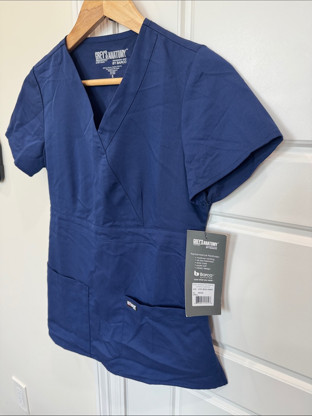NEW Grey’s Anatomy by Barco Women’s Scrub Uniform Top 3-Pocket Mock Wrap, Indigo - Picture 6 of 8